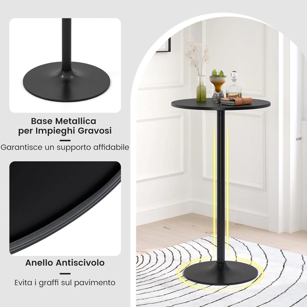 Tavolo da Bar Rotondo Ø60 Regolabile in Altezza (56 cm/ 101,5 cm), Tavolo da Caffè Alto in Legno e Metallo, Tavolino Bistrot Moderno con Base Rotondo per Cucina e Sala Pranzo (Nero,2)