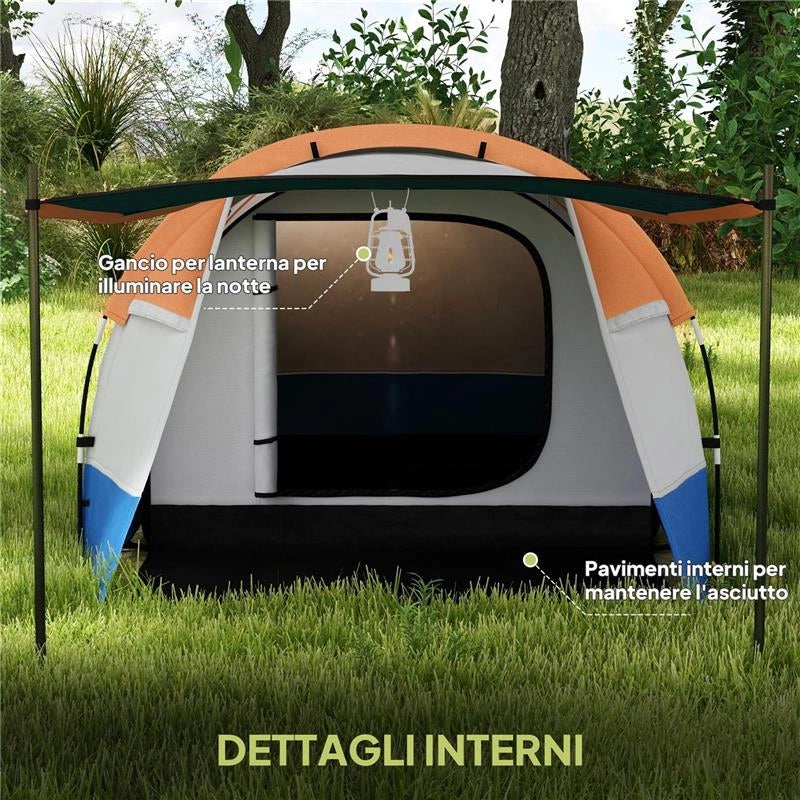 TENDA DA CAMPEGGIO IMPERMEABILE CON 2 AREE E 3 INGRESSI POLIESTERE E FIBRA DI VETRO 420X200X150 CM ARANCIONE