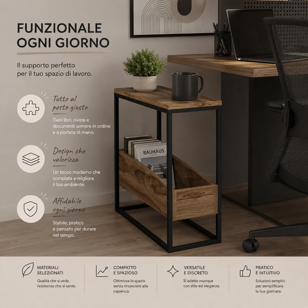 Tavolino Laterale Divano con 2 Ripiani Tavolo Multiuso Nero e Rovere 60x22x62cm