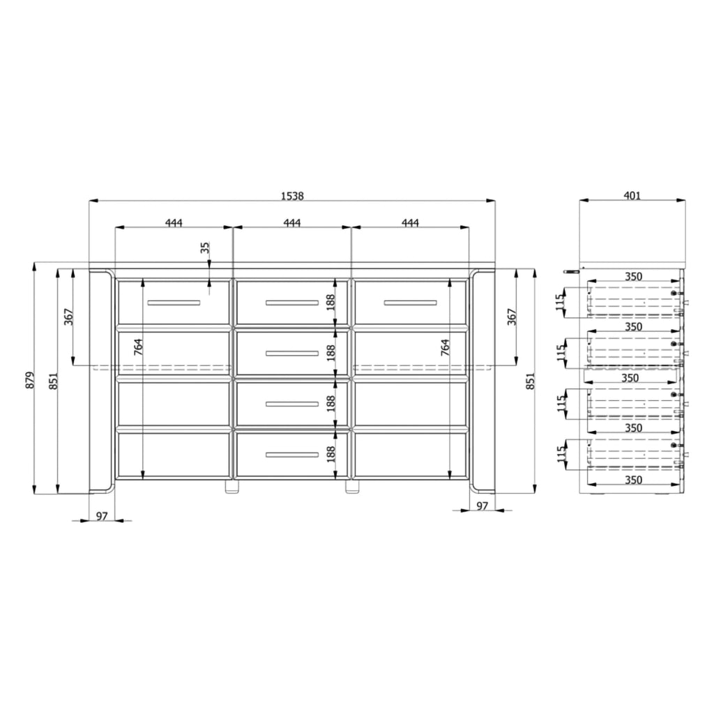 Madia Barone, Credenza 4 Cassetti, 154x41x88h cm Bianco