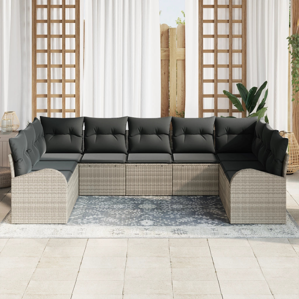 Set Divano da Giardino  9 Pezzi con Cuscini Grigio Chiaro Polyrattan