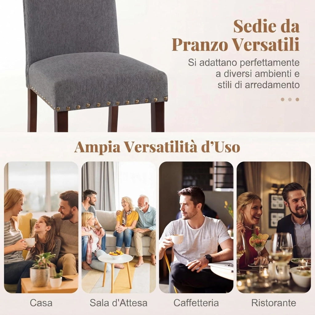 Set di 2 Sedie da Pranzo Imbottite, Sedie da Cucina con Schienale Alto, Gambe in Legno Massello e Piedini Regolabili, Portata 155 kg, Sgabelli Moderni per Cucina, Soggiorno e Ufficio (Grigio)