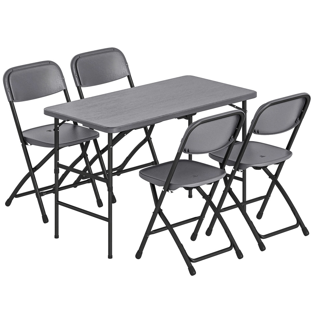Set Tavolo Regolabile 118x60x74 cm e 4 Sedie da Giardino Pieghevoli in HDPE Effetto Legno Grigio Scuro