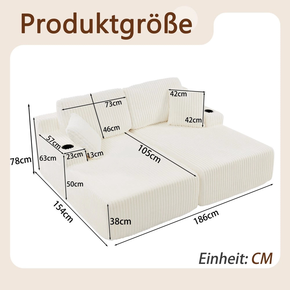 Divano Letto 2 Posti Relax ¨C Xylo ¨C Tessuto a Coste, Beige, con Cuscini e Poggiapiedi