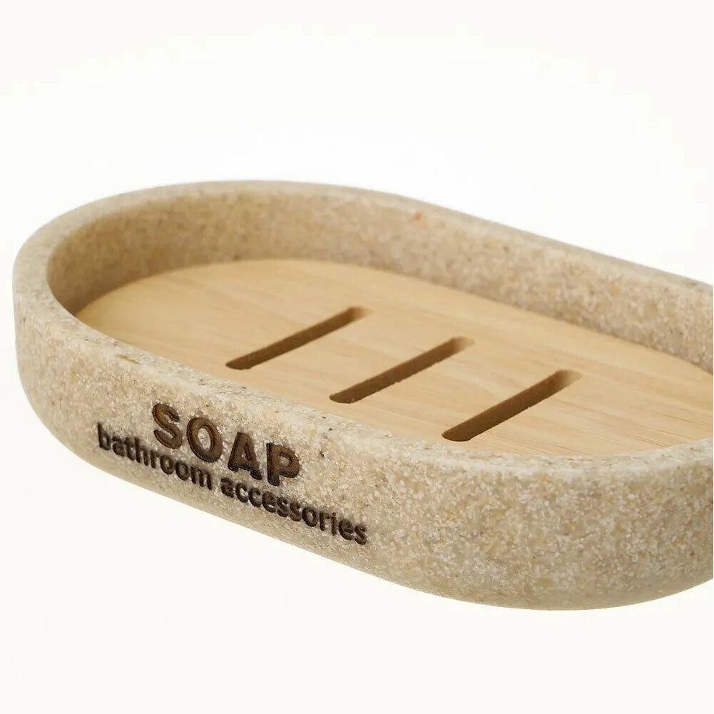 Set Bagno 3pz Con Dispenser Sapone Bicchiere Portaspazzolini Poliresina e Legno