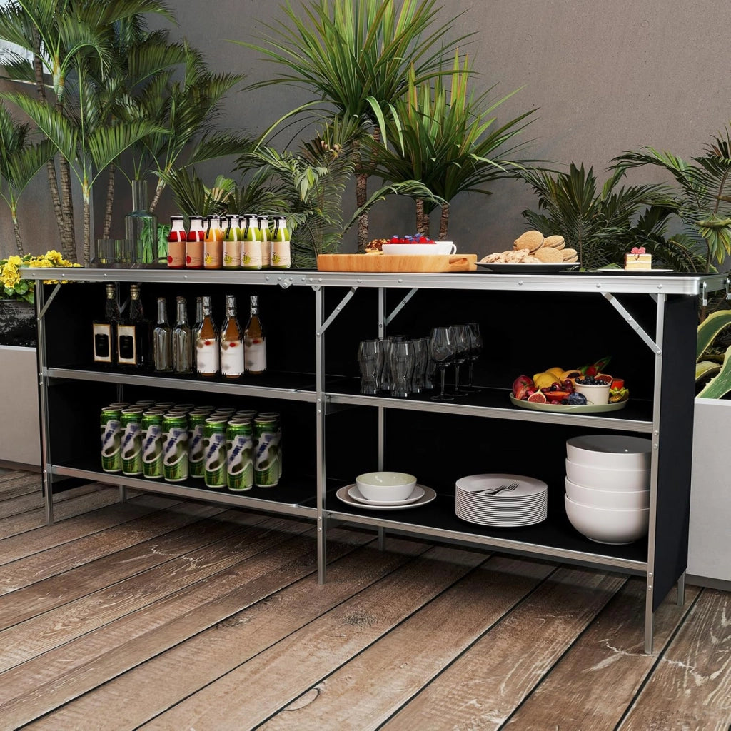 Tavolo da campeggio pieghevole con 2 ripiani, tavolo da picnic con struttura in lega di alluminio, 206 x 38 cm, schermo in tessuto Oxford, borsa da trasporto, per barbecue e campeggio