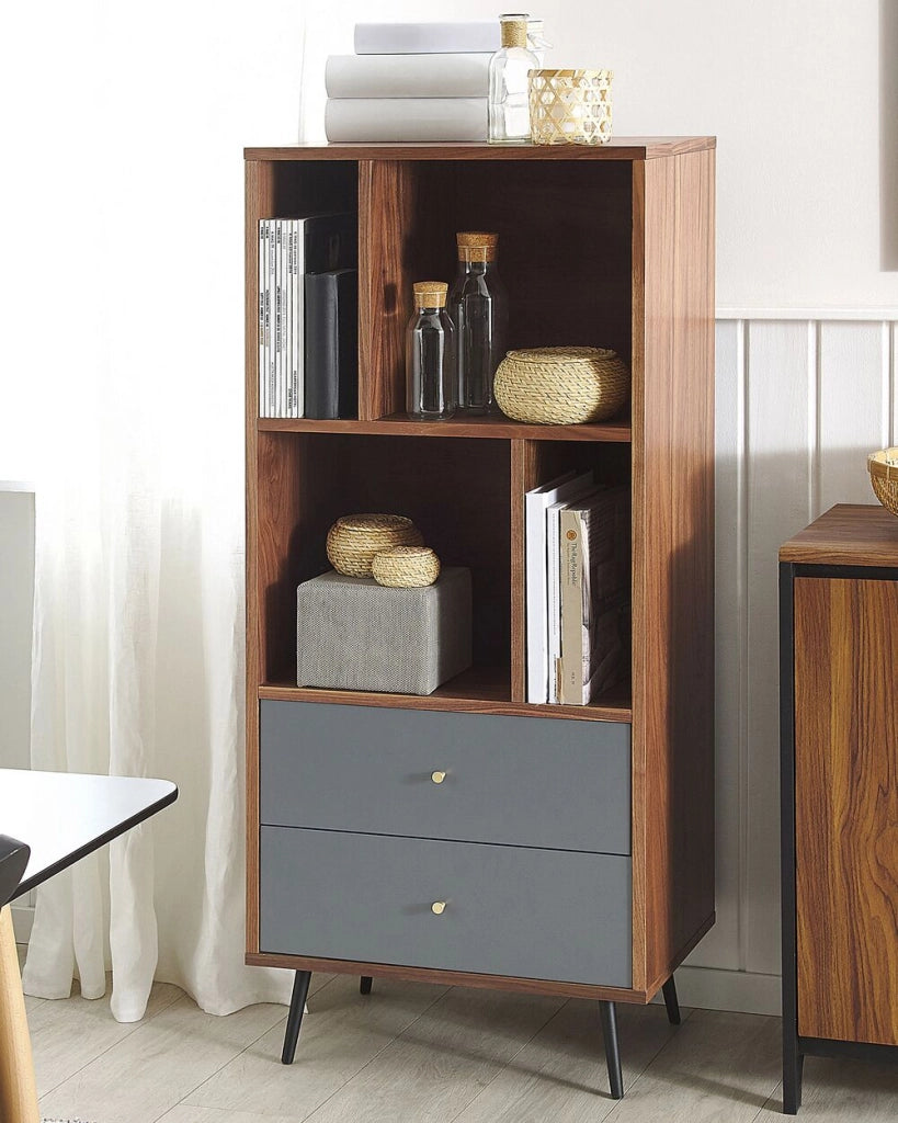 Libreria in noce scuro con MDF grigio 139 x 60 x 40 cm Mobile contenitore con cassetti Moderno