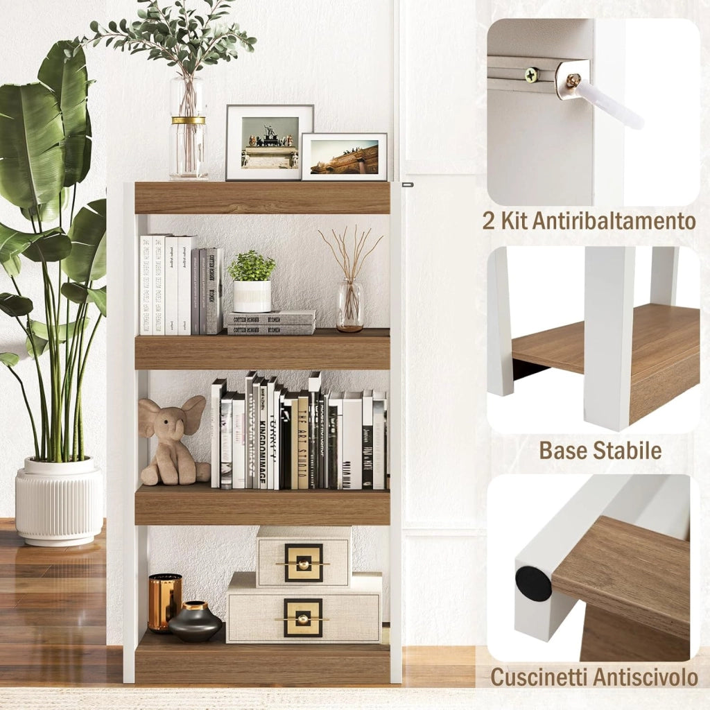 Libreria Aperta a 4 Ripiani, Scaffale Salvaspazio in Legno Anti Ribaltamento, Scaffale Portaoggetti Espositivo per Camera da Letto, Soggiorno, Cucina e Ingresso (Naturale,4 Livelli)