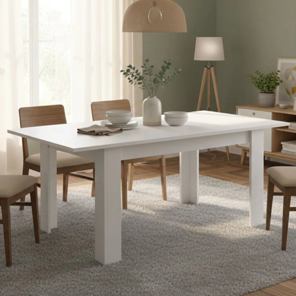 Tavolo allungabile Takumi, Consolle con allunghe, Tavolo da pranzo, Ripiano estensibile da cucina, Made in Italy, 137x90 h79 cm, Bianco lucido
