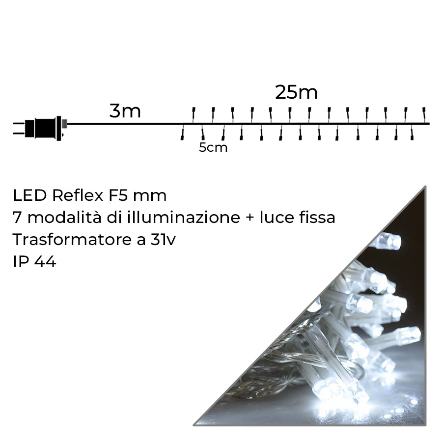 CATENA 500 LUCI LED BIANCHE CAVO TRASPARENTE DA 25MT PER INTERNI/ESTERNI - ILLUMINAZIONE A BASSA TENSIONE 31V