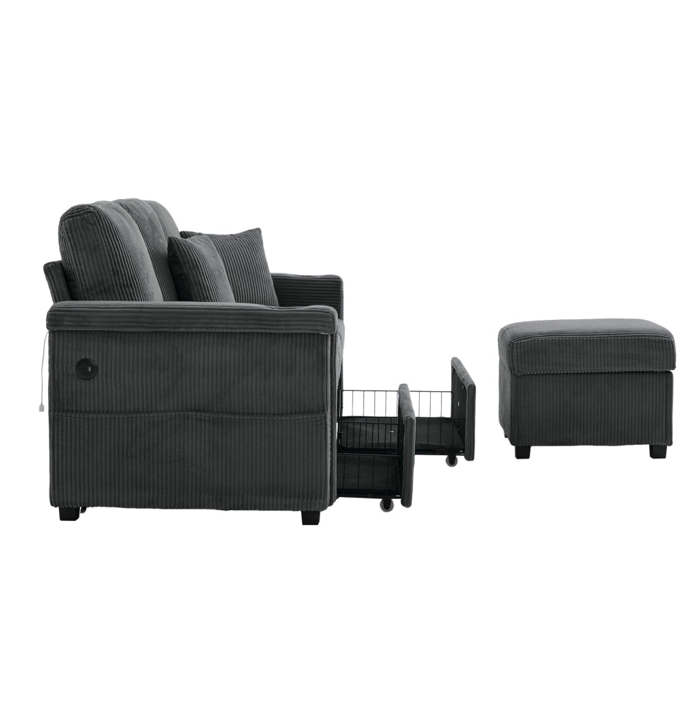 Divano modulare con contenitore 194x73x81 cm in tessuto effetto velluto a coste; grigio scuro