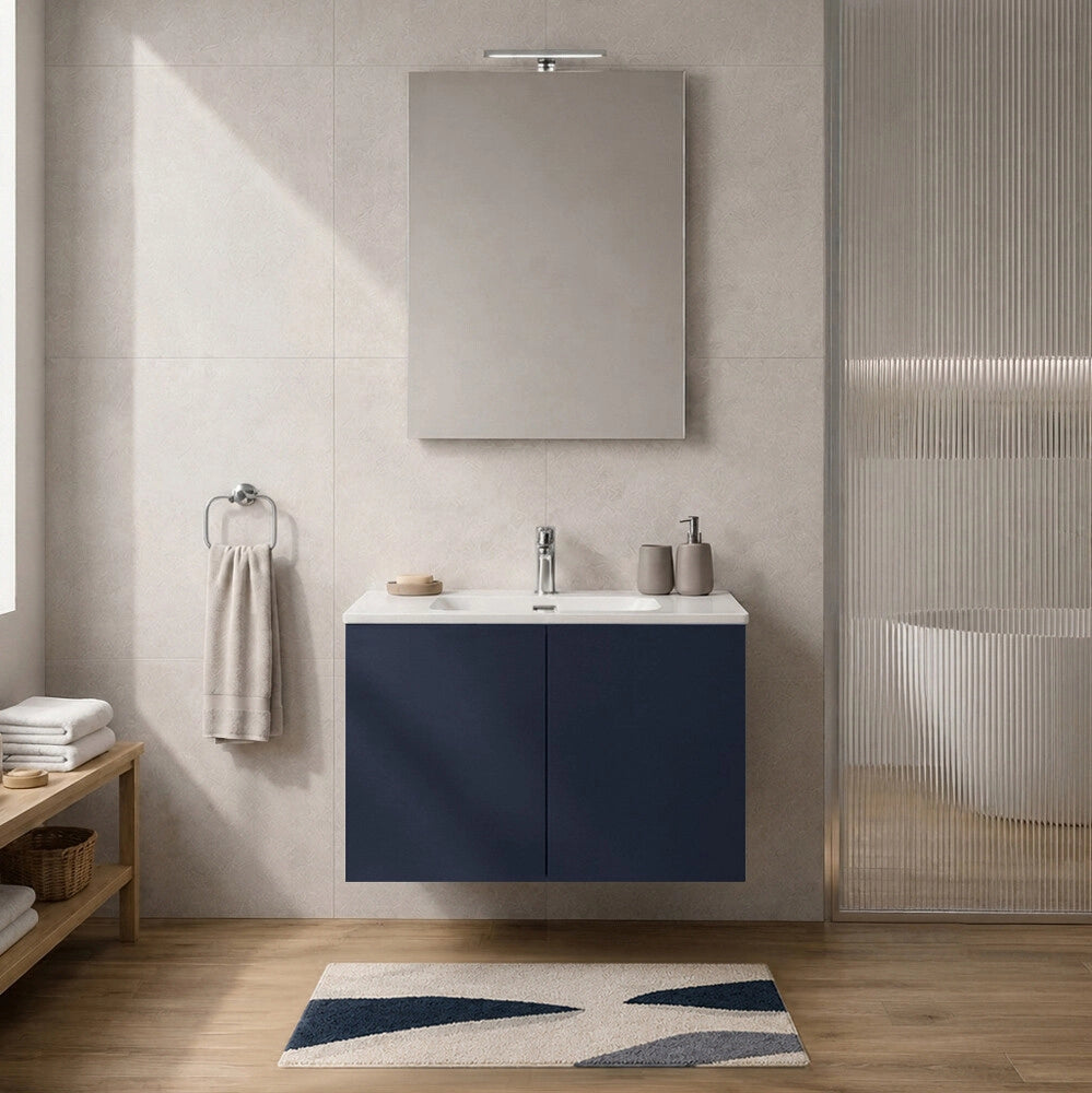 Mobile bagno sospeso 80 cm blu due ante e lavabo Tierra