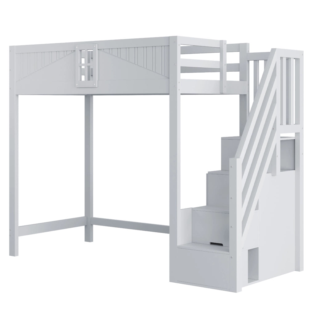 Letto a soppalco 90x200 cm in legno massello con scala reversibile e vano contenitore; grigio