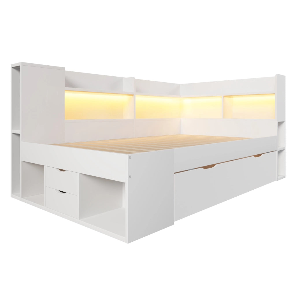 Letto singolo 90x200 cm in legno bianco con LED; USB e Type-C; contenitore e ripiani