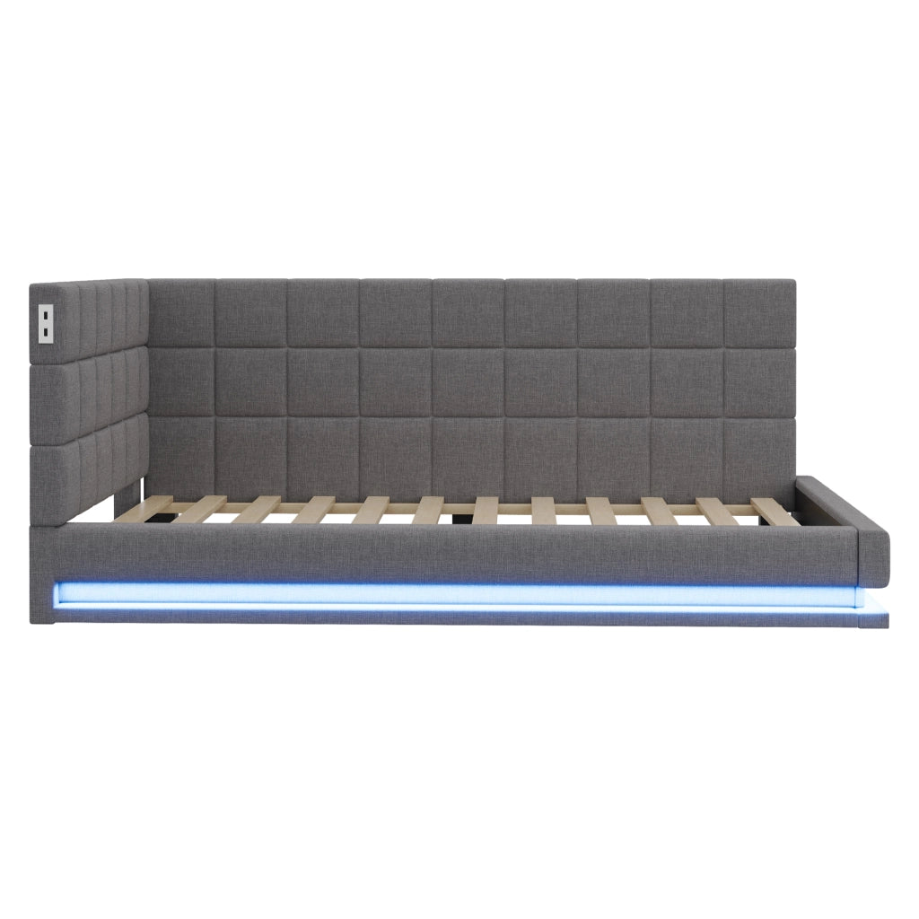 OKWISH Letto a Divano 90×200 cm, Letto Singolo con LED Multicolore, USB e Presa, senza Materasso, in Lino, Grigio