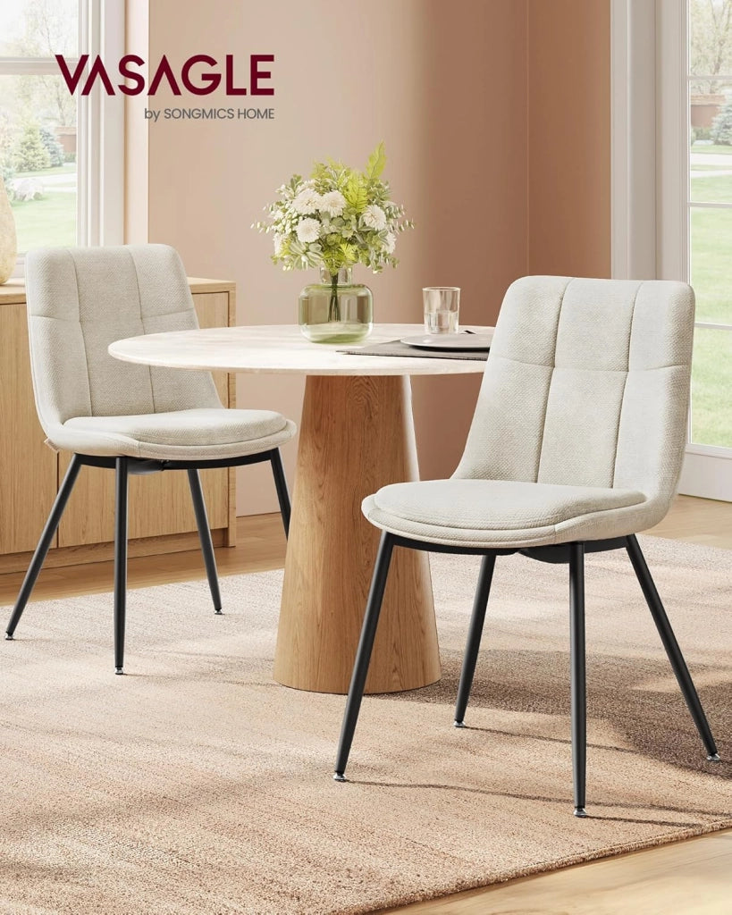 VASAGLE Set di 2 Sedie da Pranzo, Sedia da Cucina, Sedia Imbottita, Tessuto Chenille, Portata 120 kg, Doppio Cuscino, Gambe in Metallo, Moderno, per Sala da Pranzo, Cucina, Bianco Crema KDC151W01