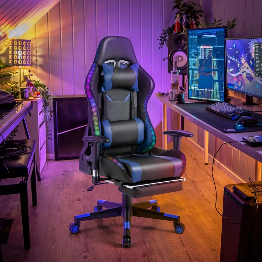 Sedia da gioco con luci RGB LED altezza regolabile poggiapiedi estraibile, Sedia da ufficio ergonomica Blu-Sedie gaming
