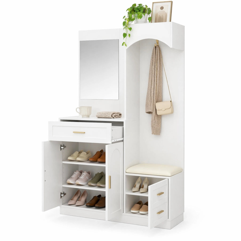 Mobile ingresso multifunzione bianco 110 x 33 x 185;5 cm in MDF con specchio e scarpiera
