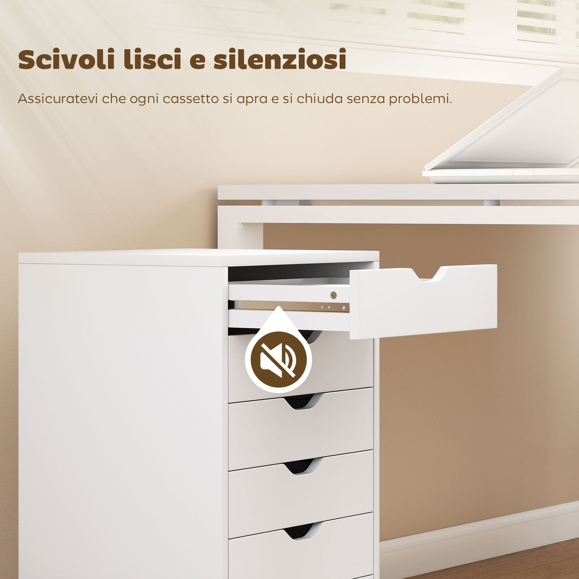 Cassettiera da Ufficio a 6 Cassetti 40x35x63 cm con 4 Ruote e Blocco Bianco