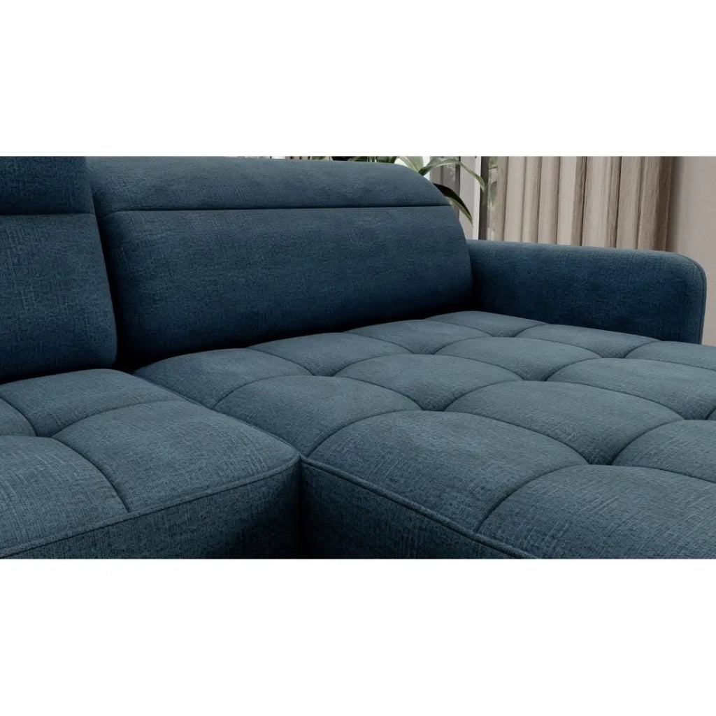 Canapé d'angle convertible BERTHO 306 cm bleu canard chenillé – Angle droit avec coffre