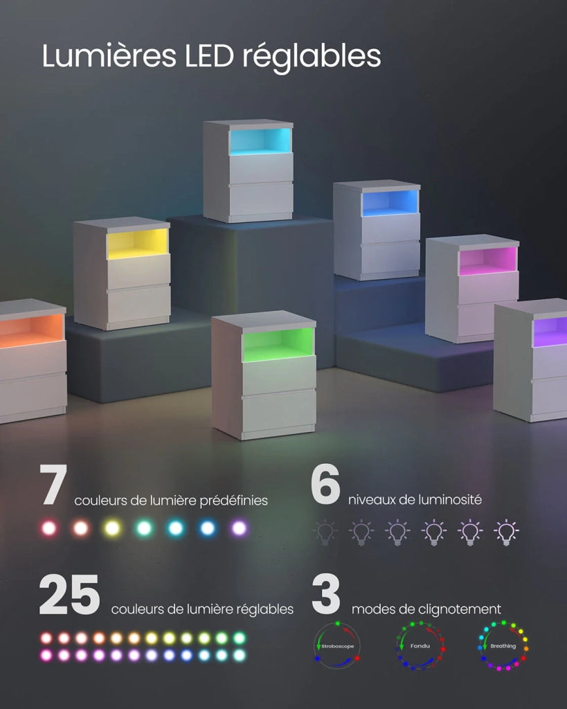 Comodino con illuminazione LED regolabile tavolino con cassetti cassettiera comodino per camera da letto soggiorno stile moderno bianco 12_0007604