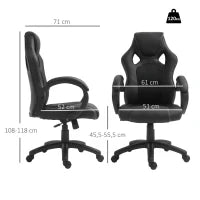 Sedia da Gaming ad Altezza Regolabile, Sedia da Ufficio con Funzione a Dondolo, Girevole e Reclinabile, 71x61x108-118 cm, Nera