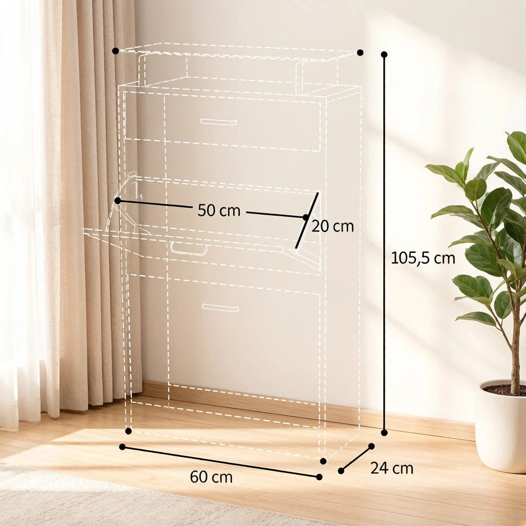 Scarpiera con ripiano in vetro e 2 ante a ribalta, divisorio a 2 posizioni, bianco e rovere chiaro 60 × 24 × 105,5 cm