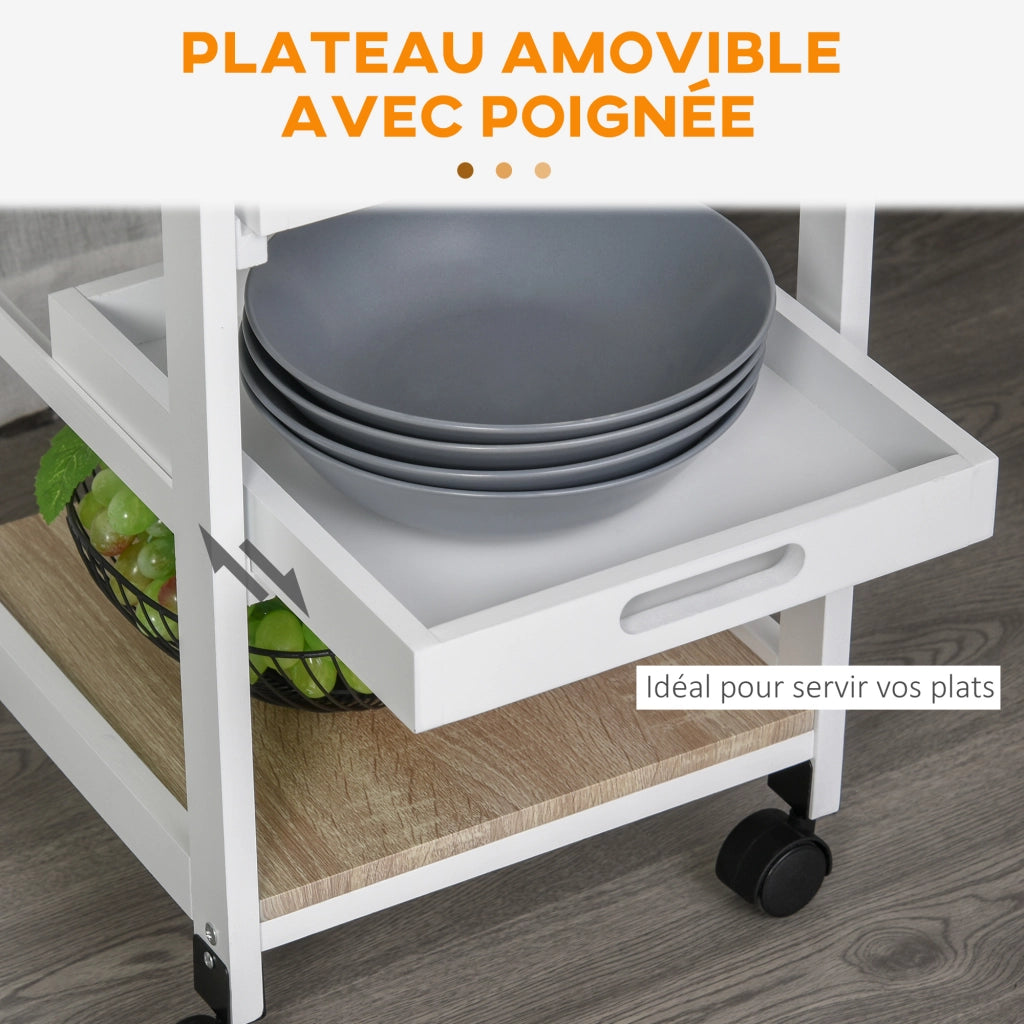 Carrello da cucina con ruote, cestino, 2 ripiani amovibili, cassetto e scaffale ¨C zephmum ¨C MDF quercia chiaro e pino bianco
