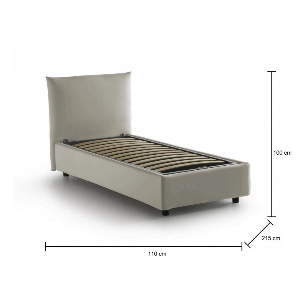 Letto singolo Ippolito, Letto contenitore con rivestimento in tessuto, Made in Italy, Apertura frontale, adatto per materasso cm 80x190, Beige