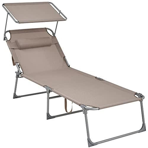 Grande lettino prendisole/sdraio 71 x 200 x 38 cm portata 150 kg poggiatesta schienale e ombrellone regolabili pieghevole per giardino tortora 12_0001709