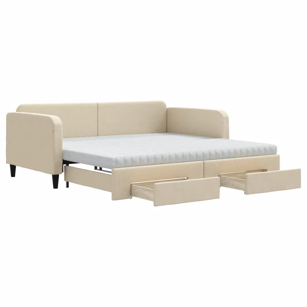 Divano Letto Estraibile con Cassetti Crema 100x200cm in Tessuto 3196879