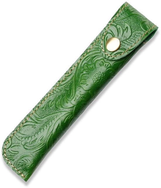 Etui per penna stilografica in pelle Crazy Horse, con decorazione in rilievo, chiusura metallica, verde