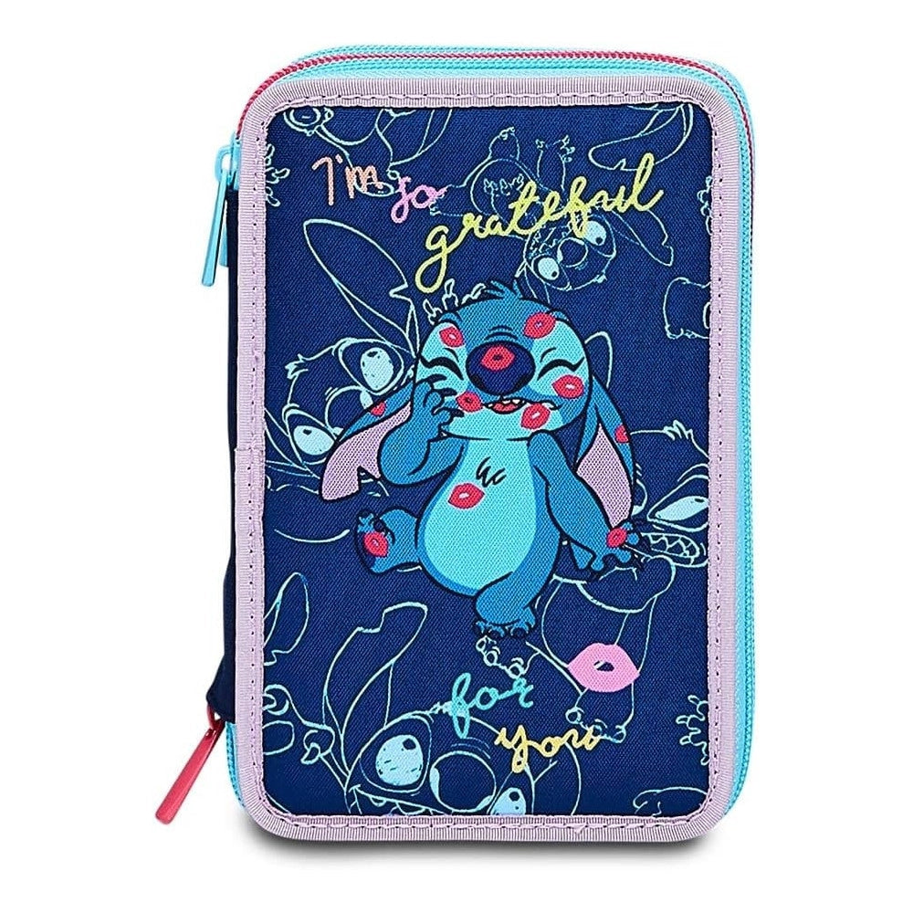 Trade Shop - Astuccio Stitch E Lilo 3 Zip Per Scuola Elementare Completo Di Accessori Seven -
