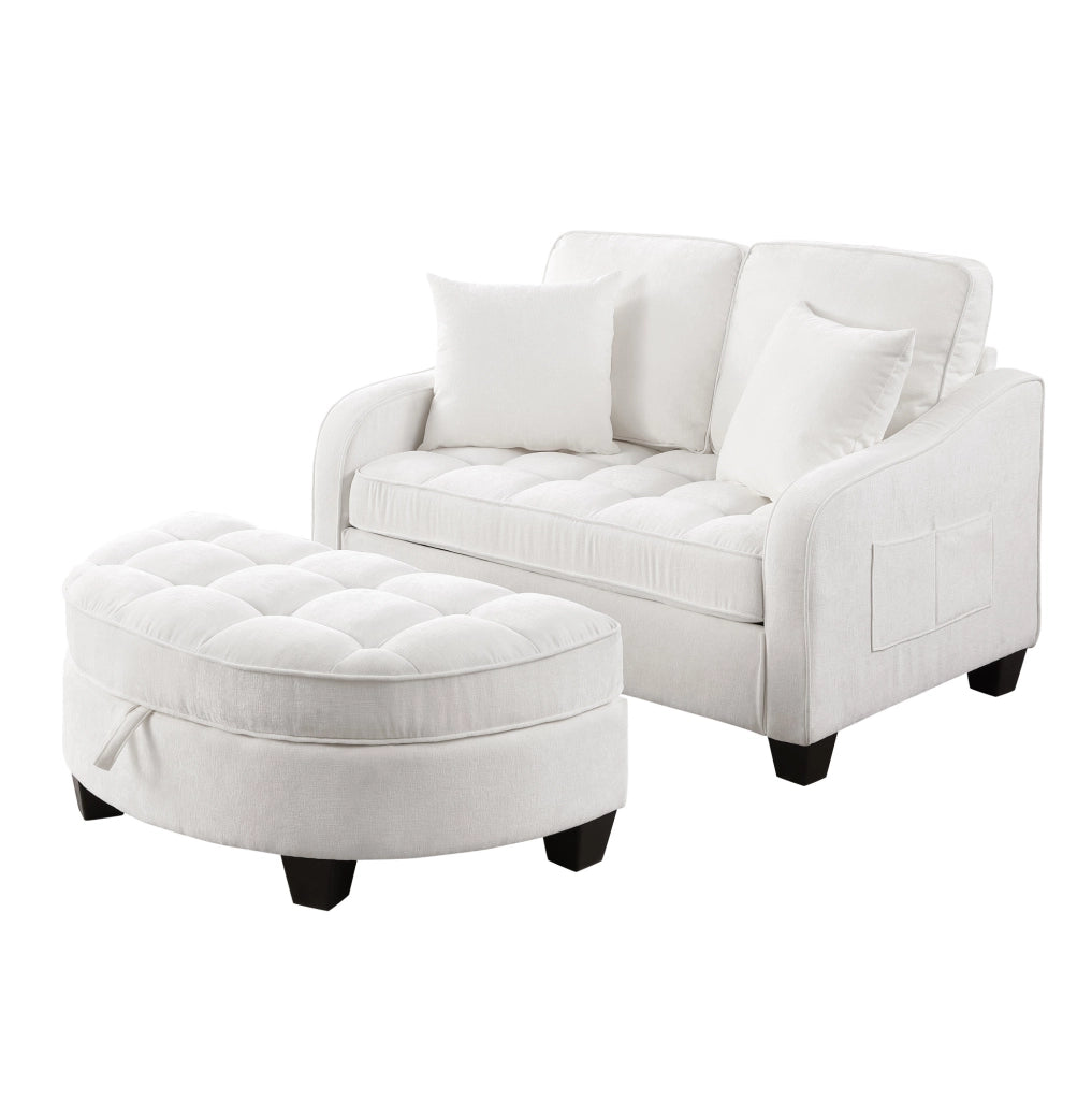 Divano letto 132x129x93 cm 2 in 1 con pouf contenitore in legno di eucalipto beige
