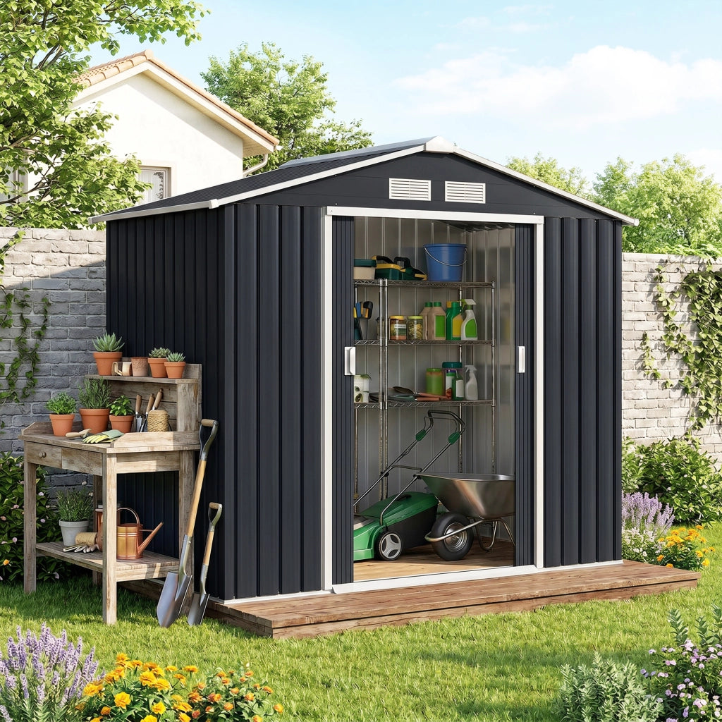 Casetta da Giardino Porta Utensili in Lamiera con Porte Scorrevoli, 213x130x185cm, Grigio Scuro