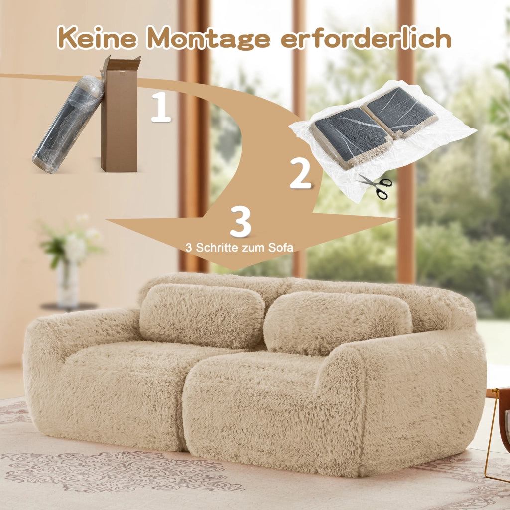 Divano Modulare 2 Posti con Design senza Struttura, Seduta Ampia e Cuscini, in Peluche, Cachi Chiaro