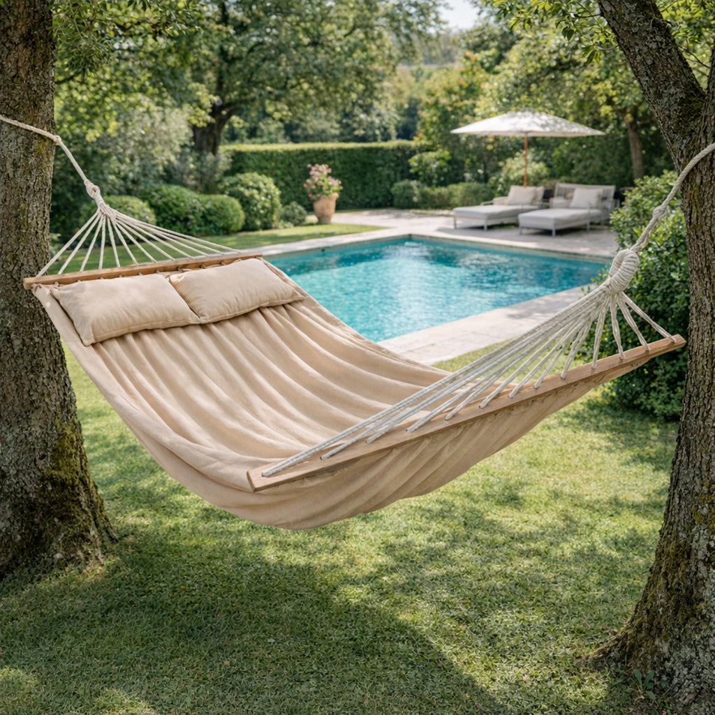 Amaca Matrimoniale Da Giardino Con Barre In Legno E Cuscini Inclusi In Cotone E Poliestere Resistente Per Piscina Terrazzo Relax Outdoor 300 Kg 240 X 150 Cm Beige