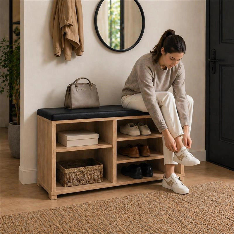 SCARPIERA IN MDF ROVERE CON RIPIANI E SEDUTA IN SIMIL PELLE NERA MISURE: 80X30X47 CM