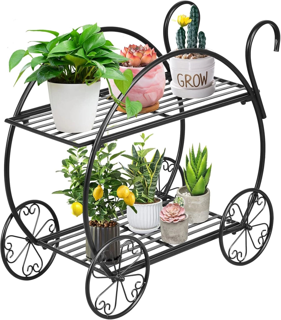 Scaffale per Piante in Metallo, Scaffale Portavasi a 2 Livelli con 4 Ruote, Porta Fiori da Interno ed Esterno per Soggiorno, Giardino e Balcone