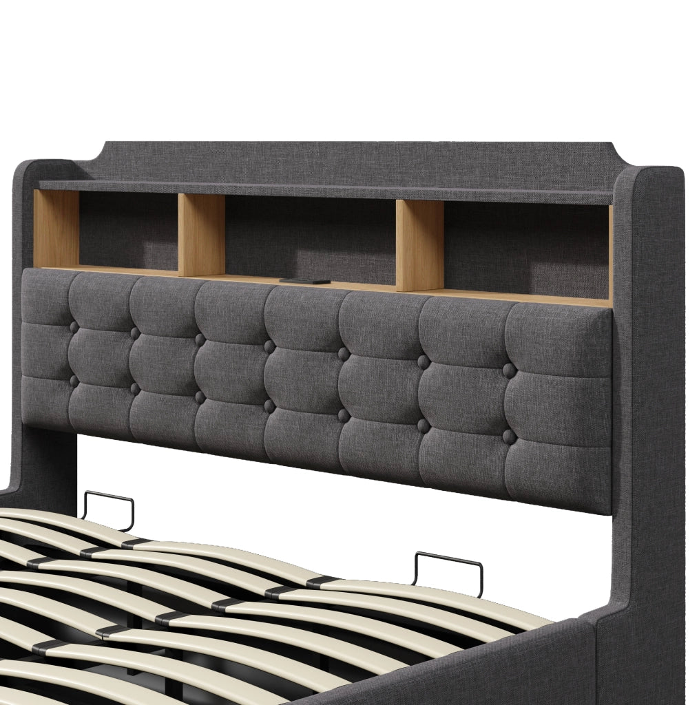 Letto imbottito 180x200 cm con LED; contenitore idraulico; USB e Type-C; lino; grigio