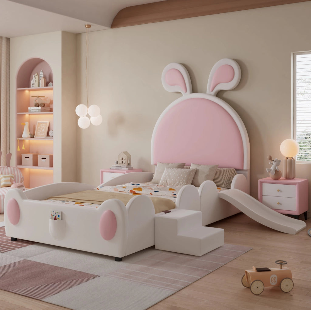 Letto imbottito per bambini con scivolo, scaletta e orecchie da coniglio, 90x200 cm
