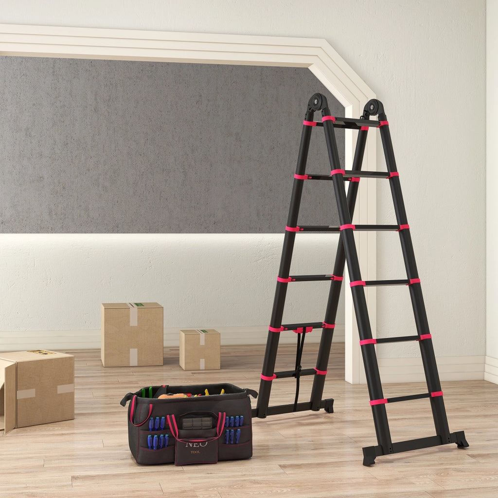 Scala Pieghevole in Alluminio 12 Gradini Antiscivolo 150 kg ¨C zephmum ¨C 379x67.5x11 cm Nero e Rosso