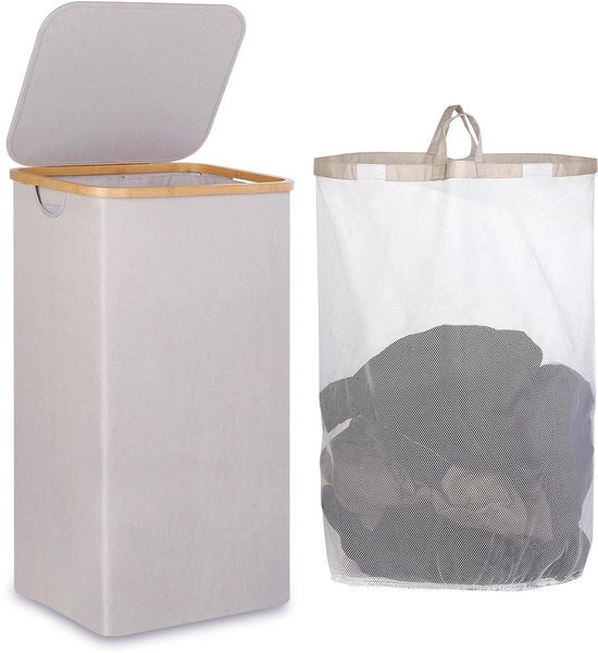 Wascio Extra Grande con Coperchio 110L, XL Wascio con Tasca Rimovibile e Lavabile Interna, Wascio per Cucina, Camera e Bagno (Grigio Chiaro)