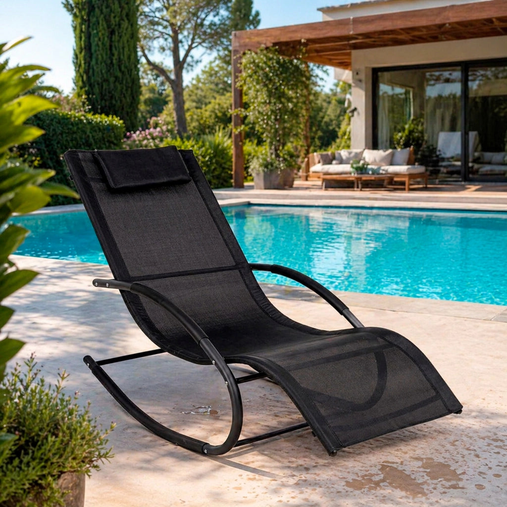 Sedia Basculante Da Giardino Ergonomica Con Poggiatesta Imbottito Poltrona Relax A Dondolo Per Terrazzo Patio Piscina 160x65x90 Cm Nero