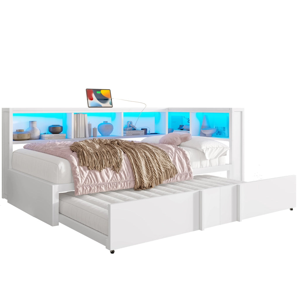 Letto 90x200 cm con letto estraibile; vani portaoggetti; LED e USB in metallo e MDF bianco