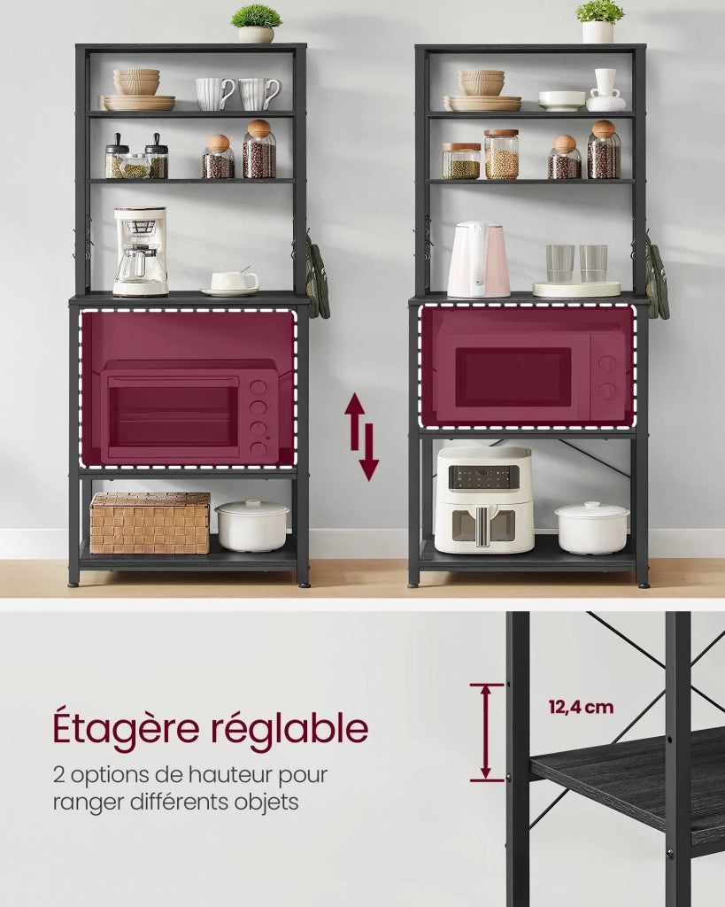 Scaffale da cucina con ripiani portaoggetti 6 ganci struttura in metallo per utensili forno a microonde stile industriale 80 x 40 x 167 cm grigio 12_0005648