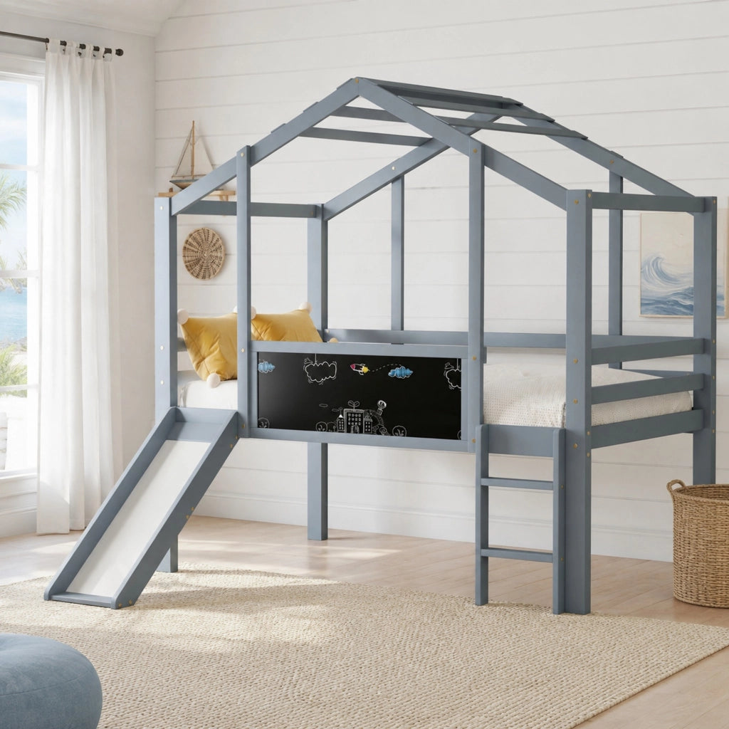 Letto a soppalco per bambini 90x200 cm con scivolo grigio