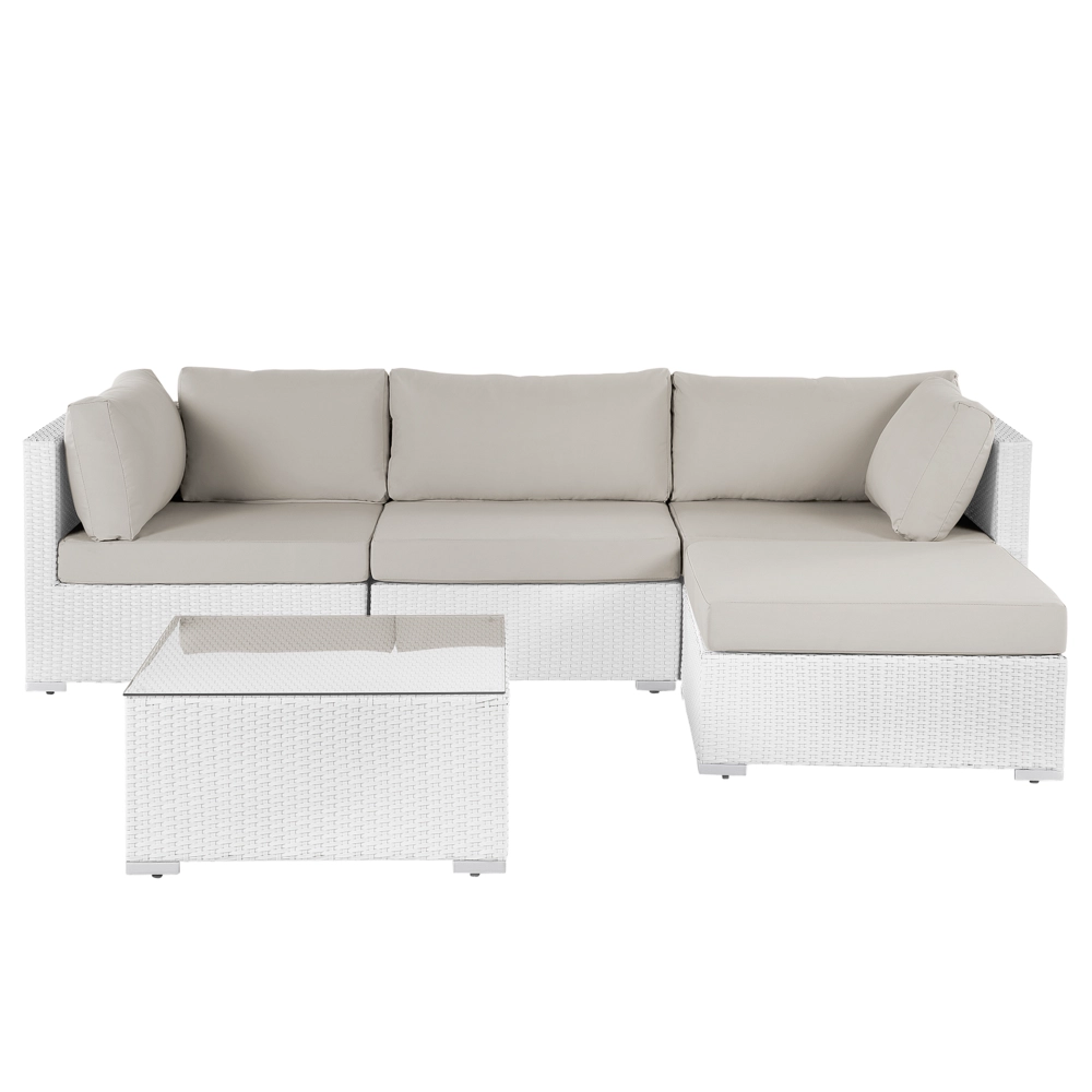 Set di divani da giardino in 2 pezzi bianco con cuscini beige Tavolino da caffè angolare a 5 posti