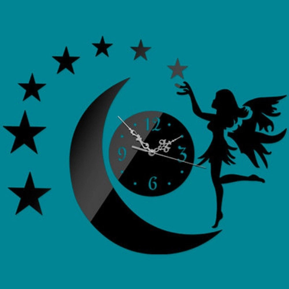 Trade Shop - Orologi Da Parete Adesivo Orologio Moderno Per Bambina Con Fata Luna Effetto Specchio -