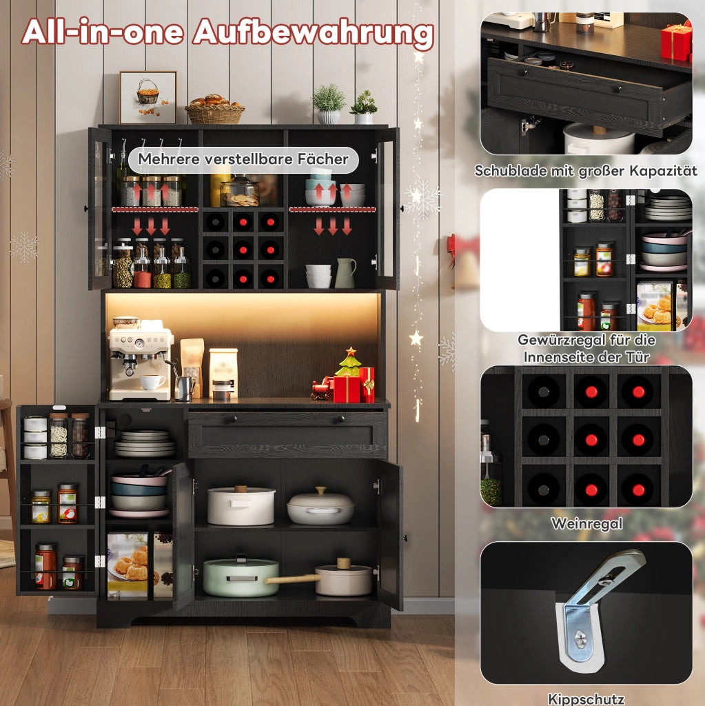 Credenza da cucina con LED, prese e portabottiglie, nera